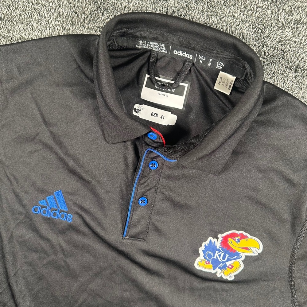 Kansas Jayhawks Adidas Polo Shirt Mens M Black Big 12 NCAA Team Issued